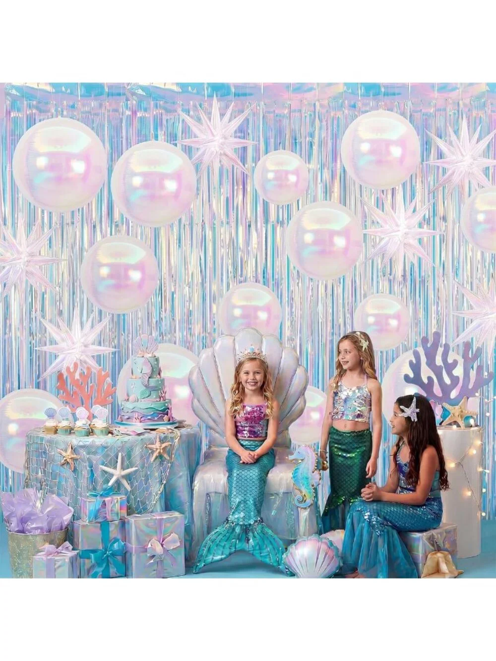 24 Pcs Mermaid Party Decor Set - 22'' Iridescent Balloons & Tinsel Curtains